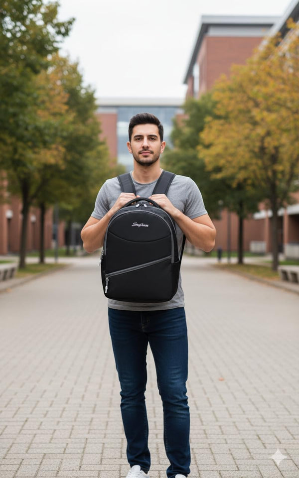 Unisex Casual Backpack School College & Travelling Use with 3 Compartments Bottle and Front Pocket - 20L ( Black)