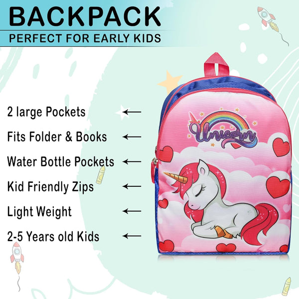 Printed Bag For Kids Kinder Garden | Nursery Stylish and Trendy Print - 14 Inches | 18L RED Unicorn