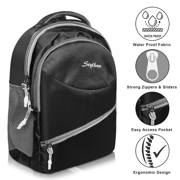 Unisex Casual Backpack School College & Travelling Use with 3 Compartments Bottle and Front Pocket - 20L ( Black)